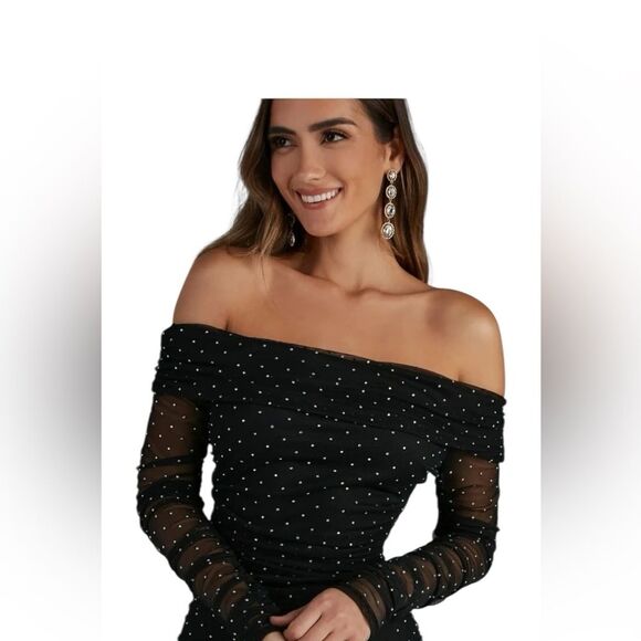 Windsor Aliya Heatstone Ruched Mesh Dress Off The Shoulder Neckline Holiday NYE - Picture 4 of 14